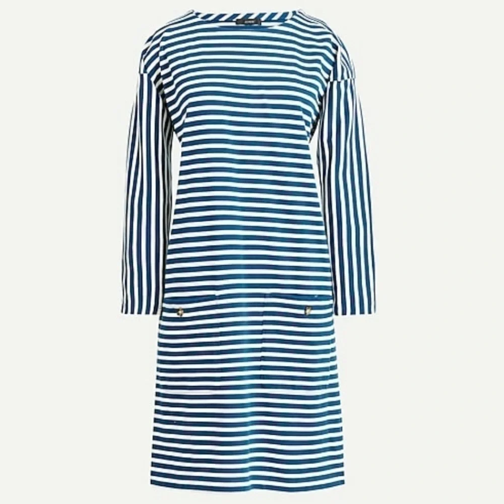 J Crew Teal Blue Knit Front Pocket Shift Dress Stripe XL B